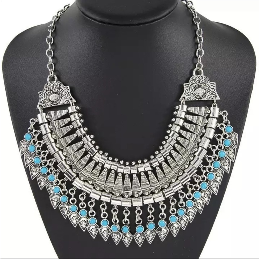 Bohemian Silver Vintage Style Turquoise Stone Necklace
